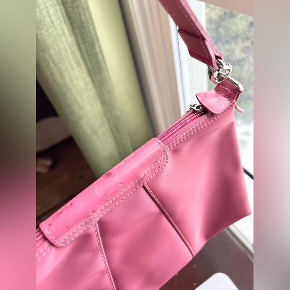 Longchamp padded pochette bag raspberry pink leather nylon shoulder y2k spring - Picture 3 of 12